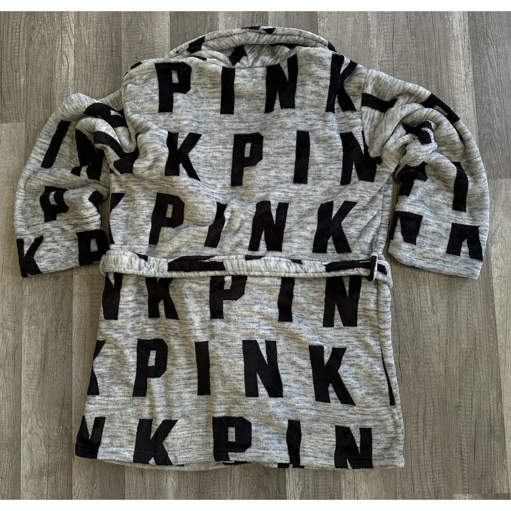 Victoria's‎ Secret PINK Robe Gray Black Logo Plush Tie Waist Cozy M/L - Picture 12 of 15